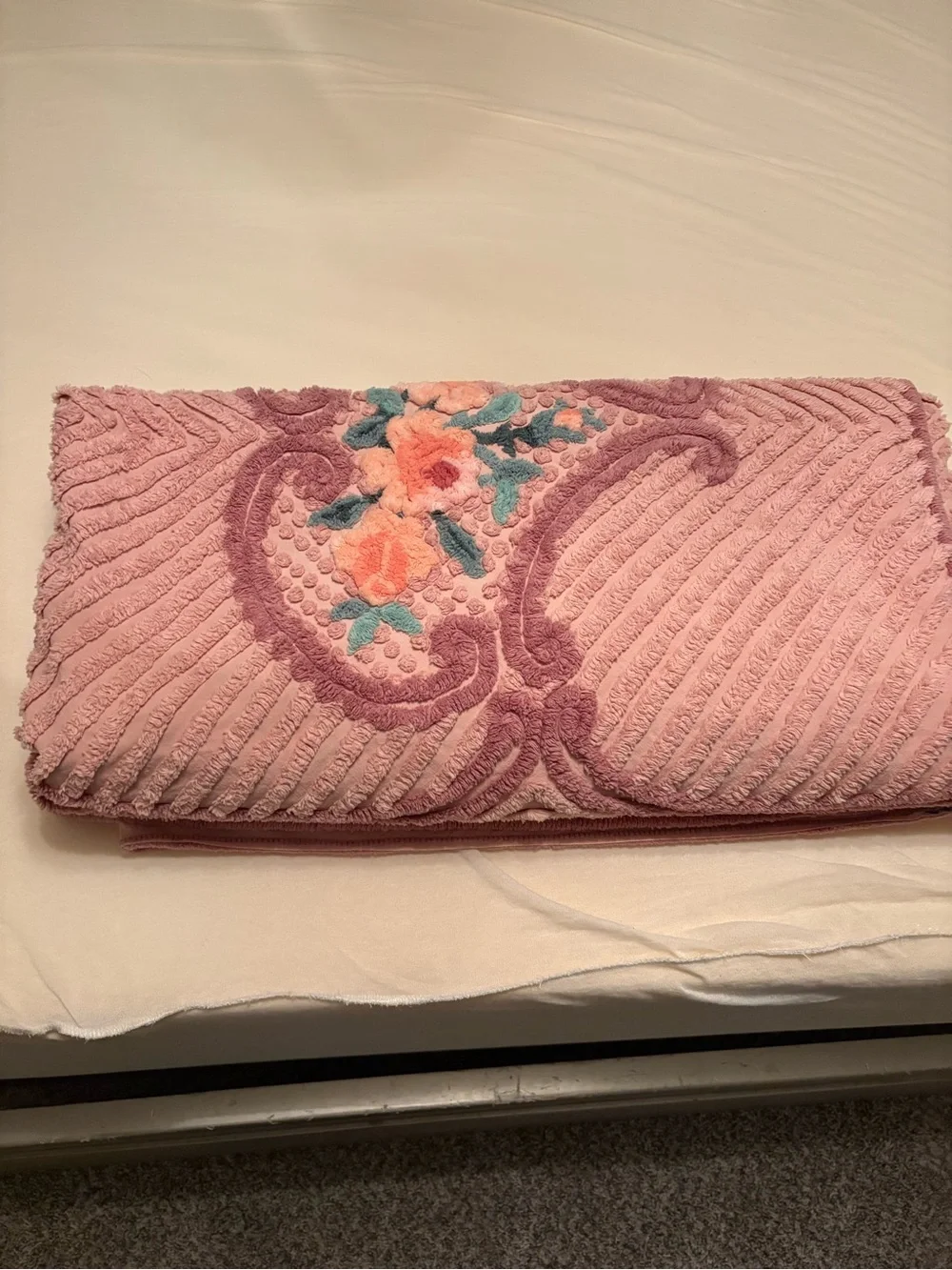 Rare Vintage Retrac Chenille Pair of Bedspreads Peach Floral Scrollwork